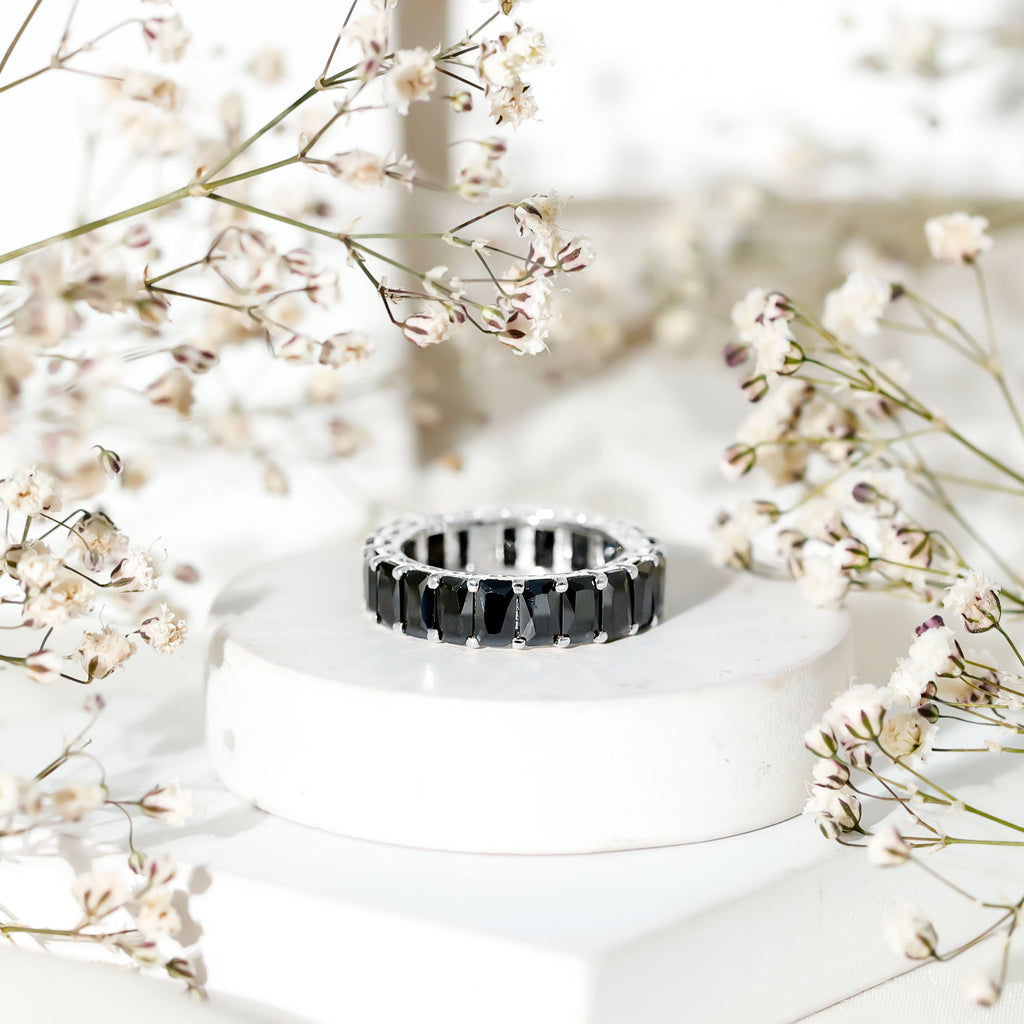 Black Onyx Emerald Cut Eternity Band in Shared Prong Setting