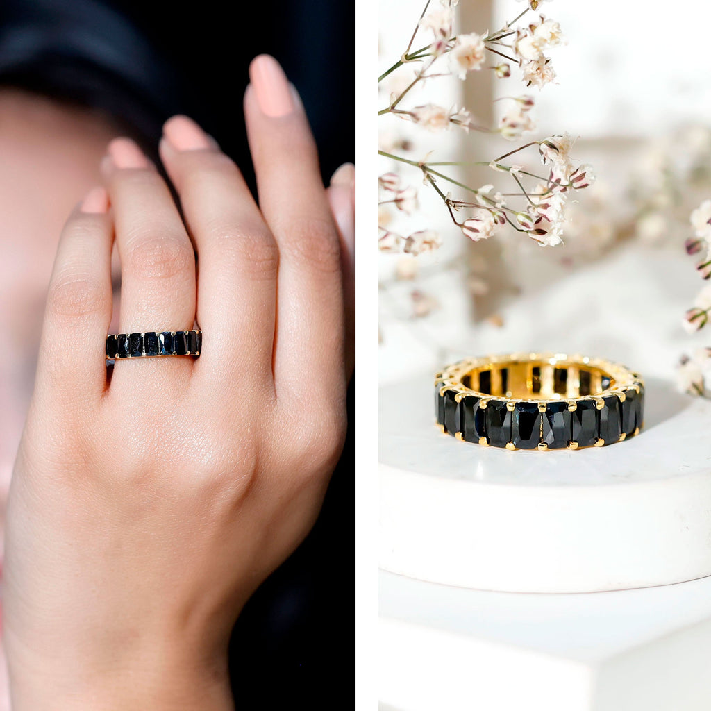 Black Onyx Emerald Cut Eternity Band in Shared Prong Setting