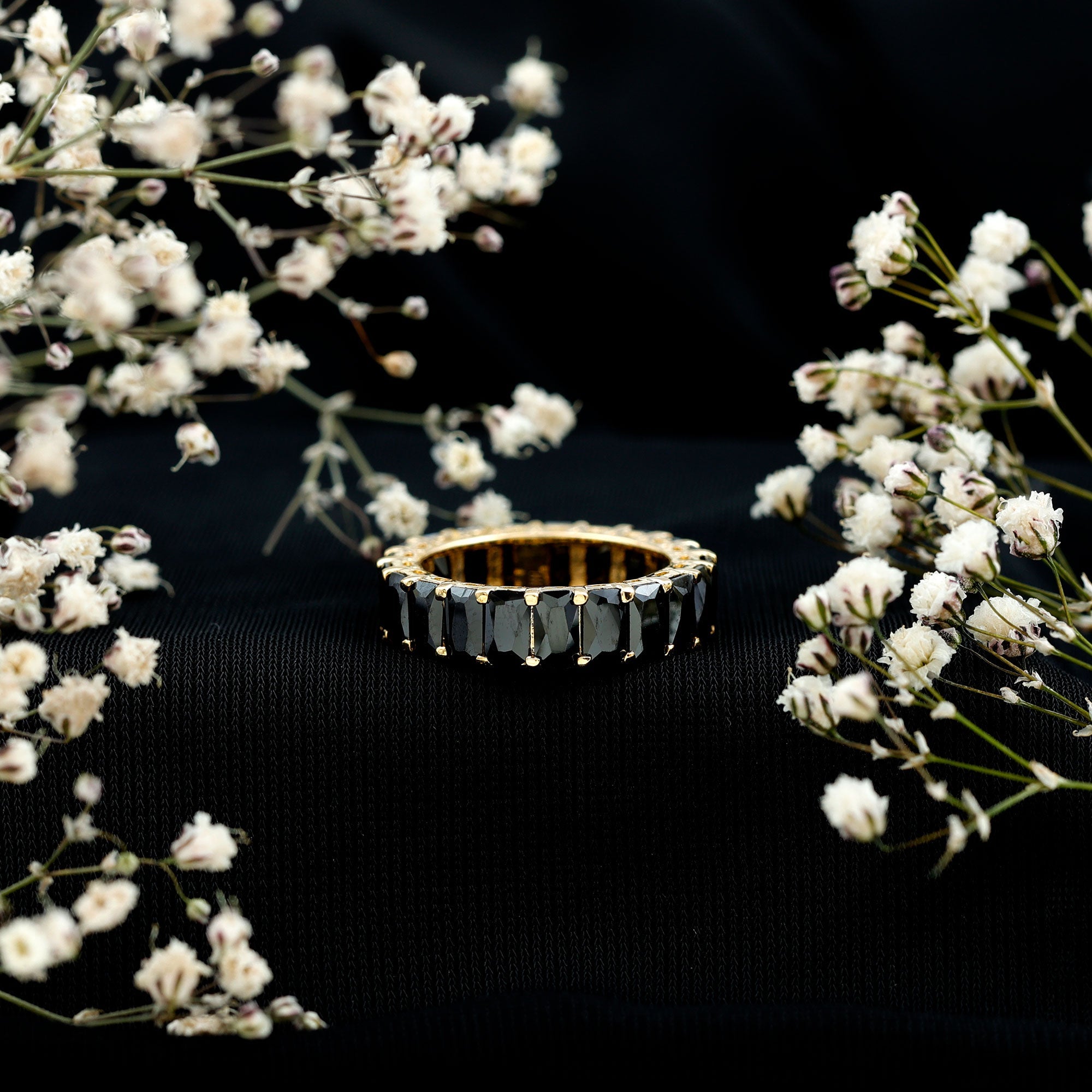 Black Onyx Emerald Cut Eternity Band in Shared Prong Setting