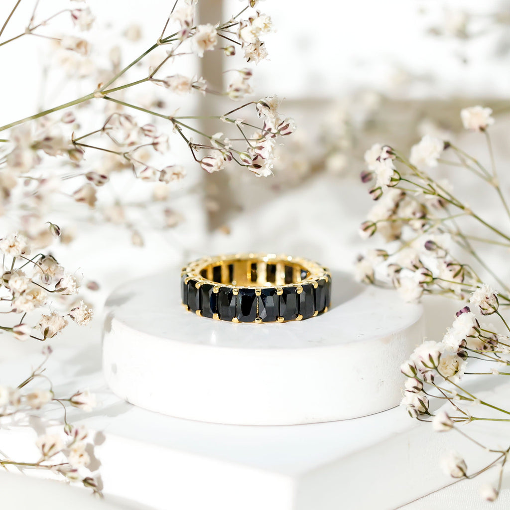 Black Onyx Emerald Cut Eternity Band in Shared Prong Setting