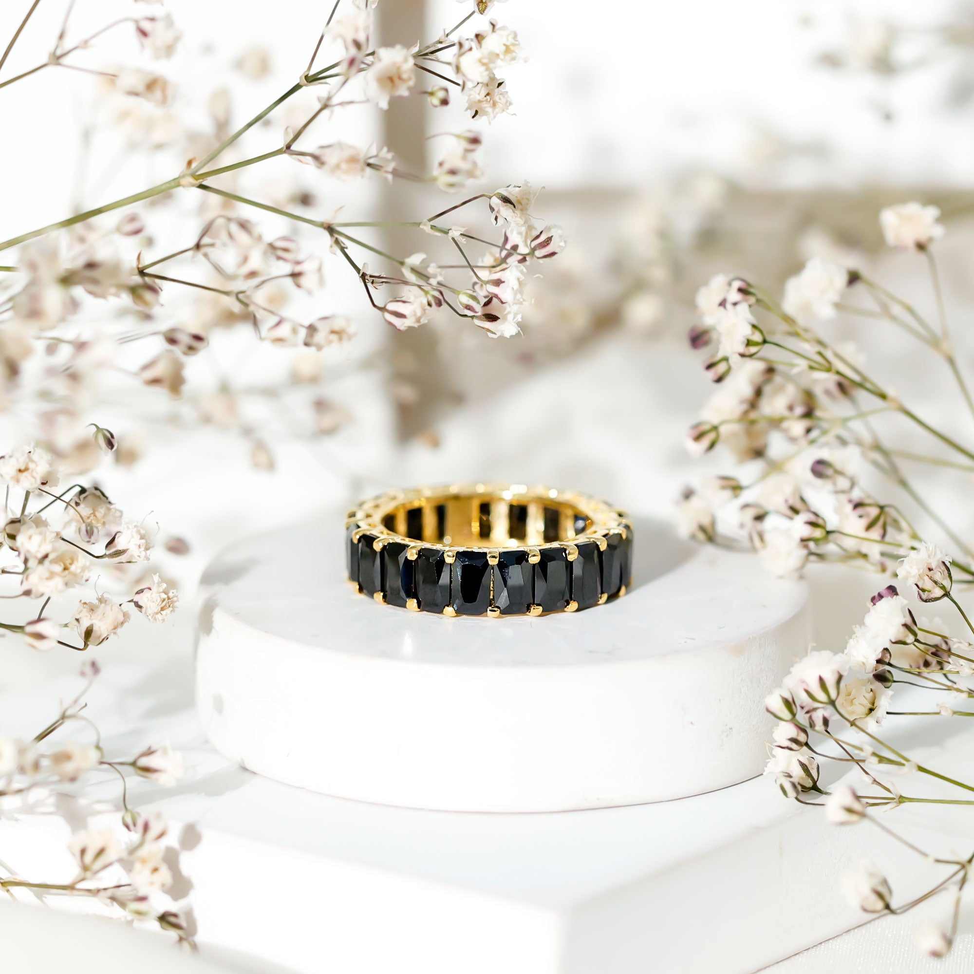Black Onyx Emerald Cut Eternity Band in Shared Prong Setting