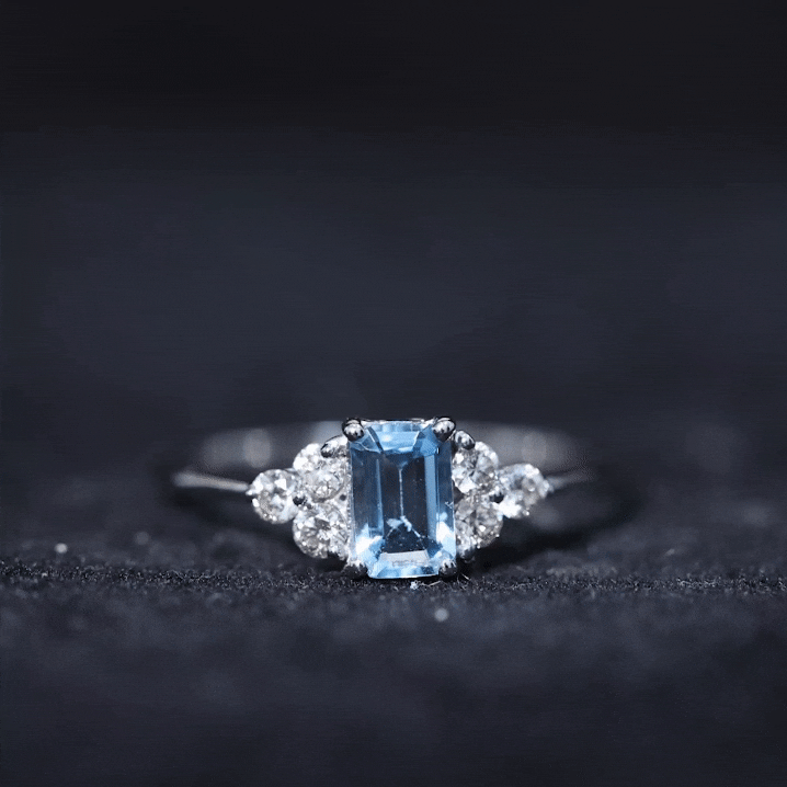 Aquamarine Engagement Ring – Emerald Cut Aquamarine With Trio Diamond Design