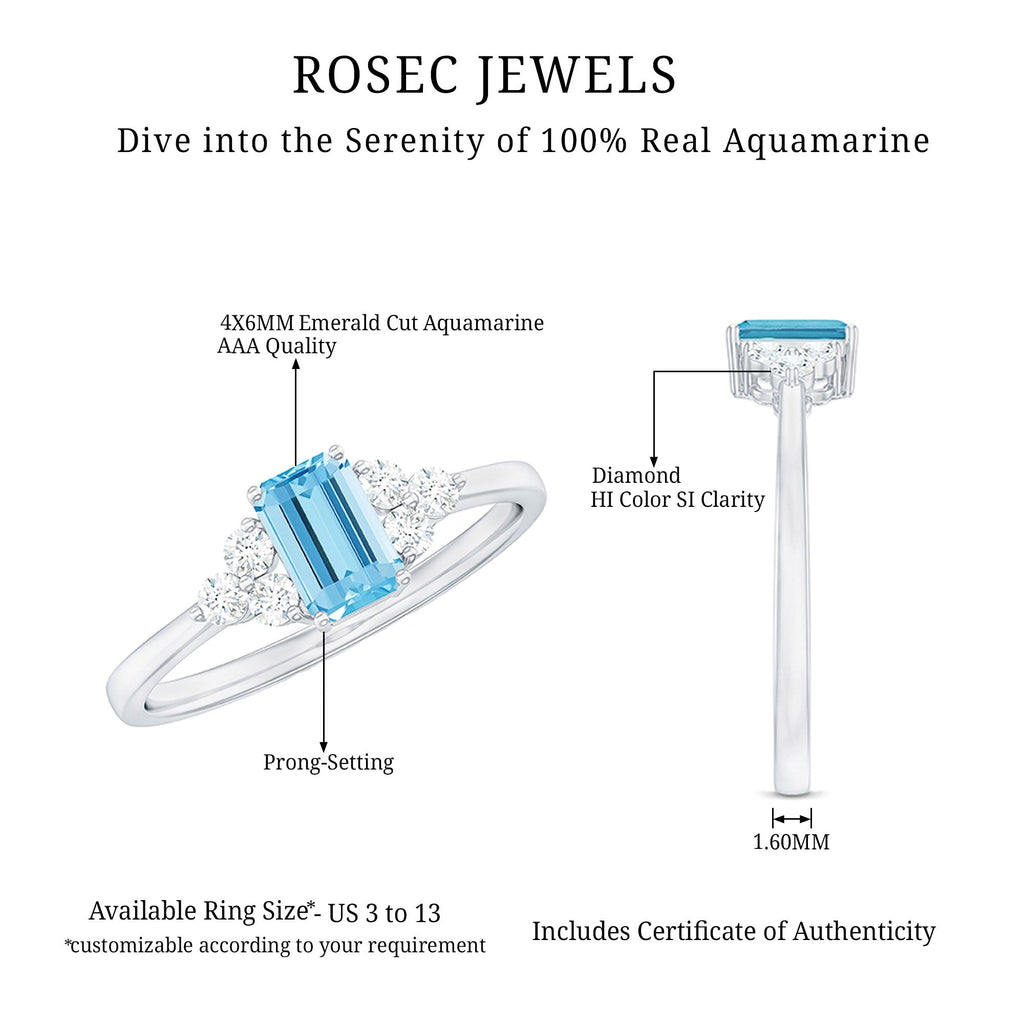 Aquamarine Engagement Ring – Emerald Cut Aquamarine With Trio Diamond Design