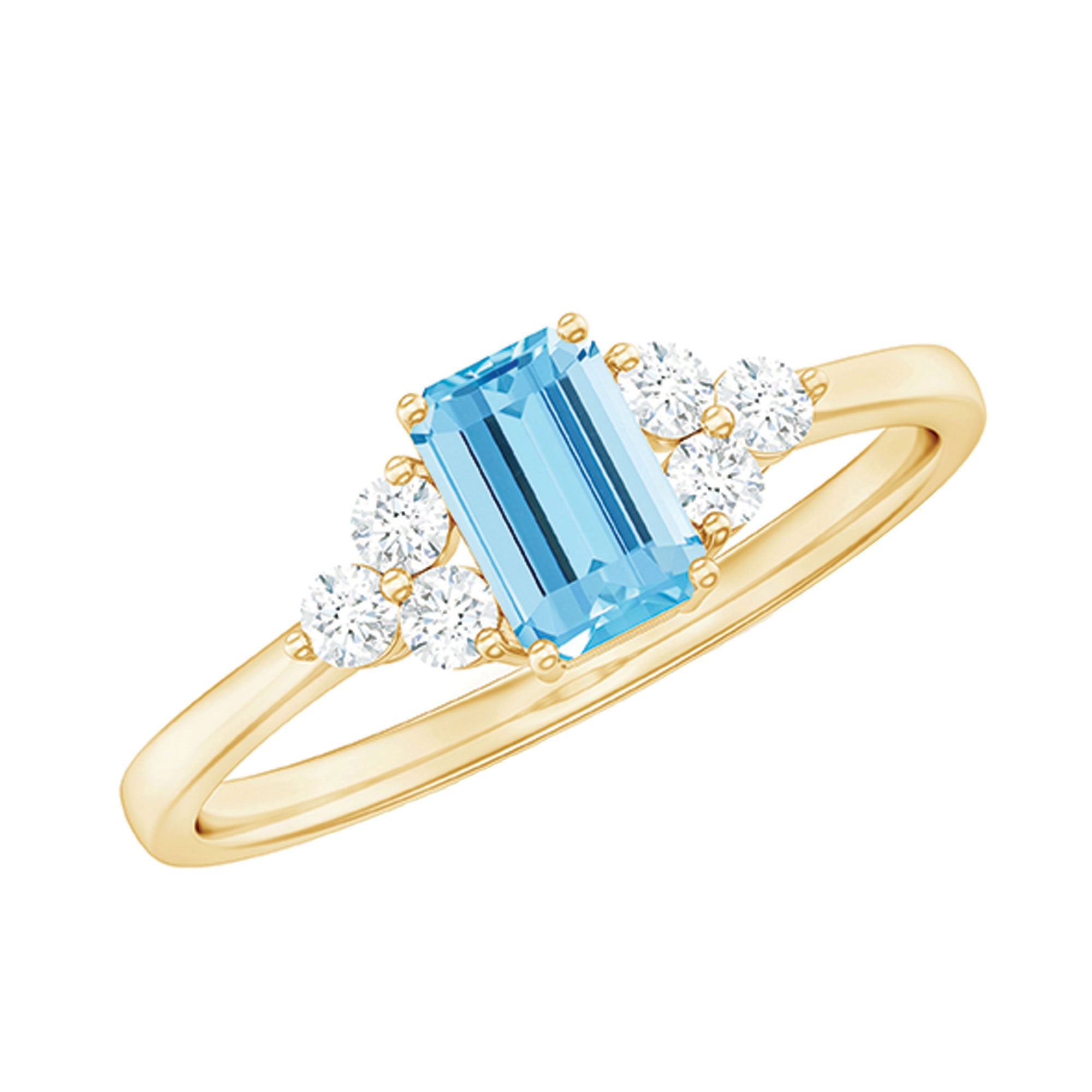 Aquamarine Engagement Ring – Emerald Cut Aquamarine With Trio Diamond Design