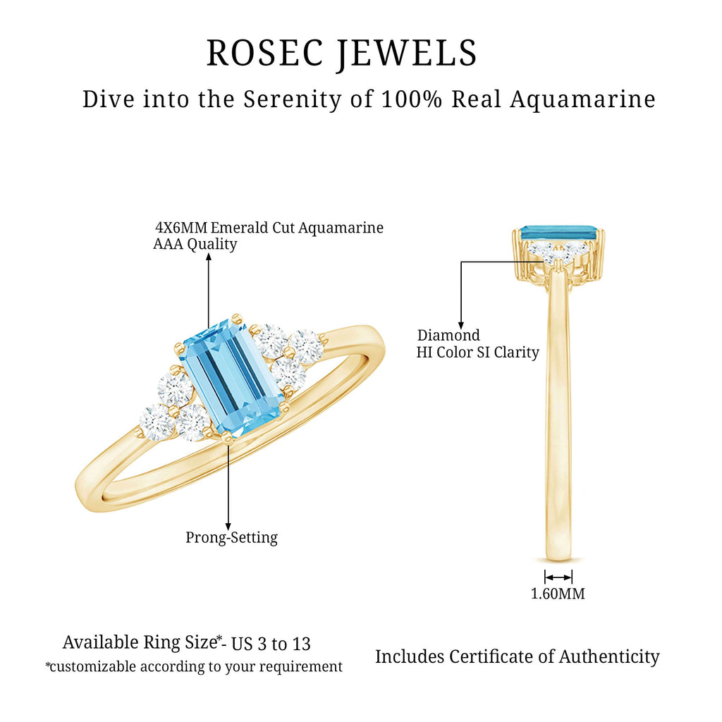 Aquamarine Engagement Ring – Emerald Cut Aquamarine With Trio Diamond Design