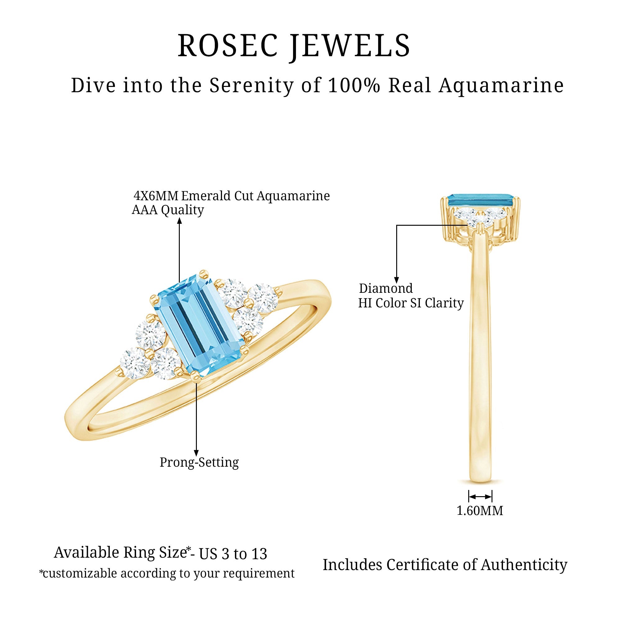 Aquamarine Engagement Ring – Emerald Cut Aquamarine With Trio Diamond Design