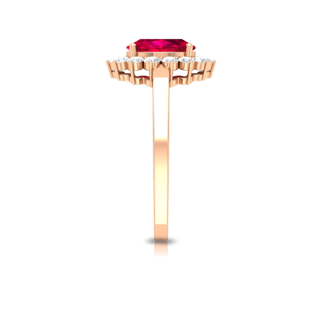 Ruby Engagement Ring – 0.6 Carat Oval Ruby with Diamond Halo in Prong Setting