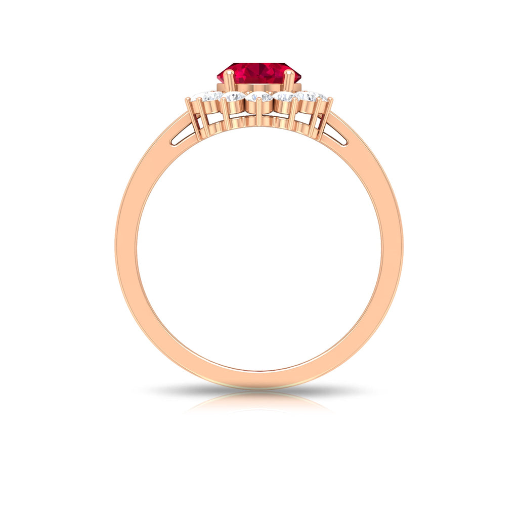 Ruby Engagement Ring – 0.6 Carat Oval Ruby with Diamond Halo in Prong Setting