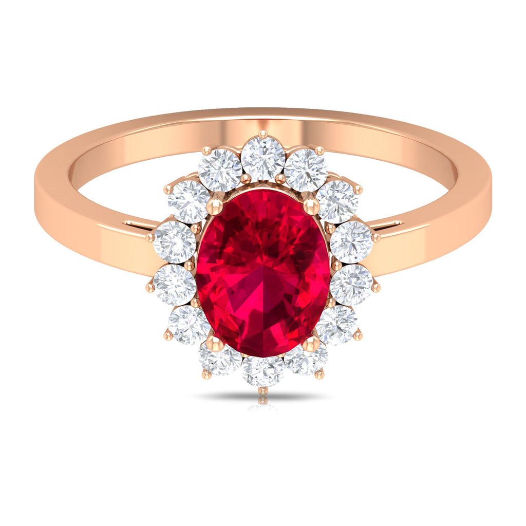 Ruby Engagement Ring – 0.6 Carat Oval Ruby with Diamond Halo in Prong Setting