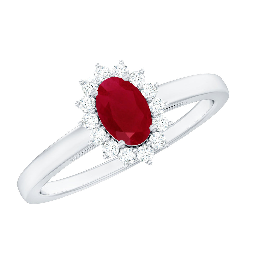 Ruby Engagement Ring – 0.6 Carat Oval Ruby with Diamond Halo in Prong Setting