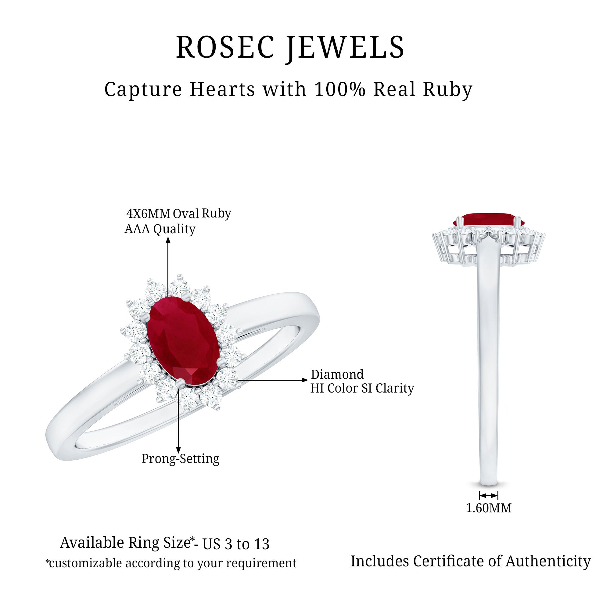 Ruby Engagement Ring – 0.6 Carat Oval Ruby with Diamond Halo in Prong Setting