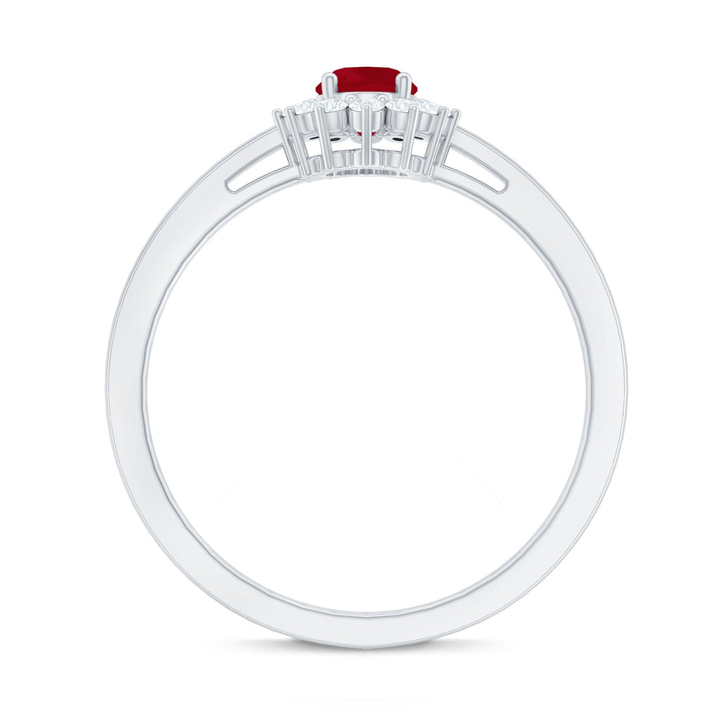 Ruby Engagement Ring – 0.6 Carat Oval Ruby with Diamond Halo in Prong Setting