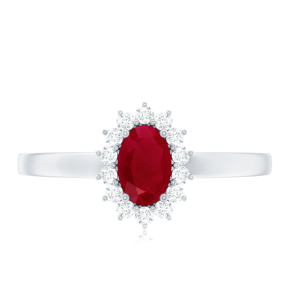 Ruby Engagement Ring – 0.6 Carat Oval Ruby with Diamond Halo in Prong Setting