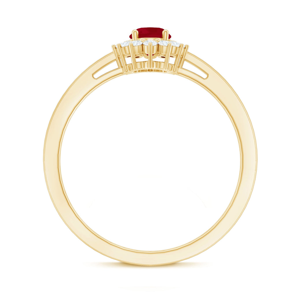 Ruby Engagement Ring – 0.6 Carat Oval Ruby with Diamond Halo in Prong Setting