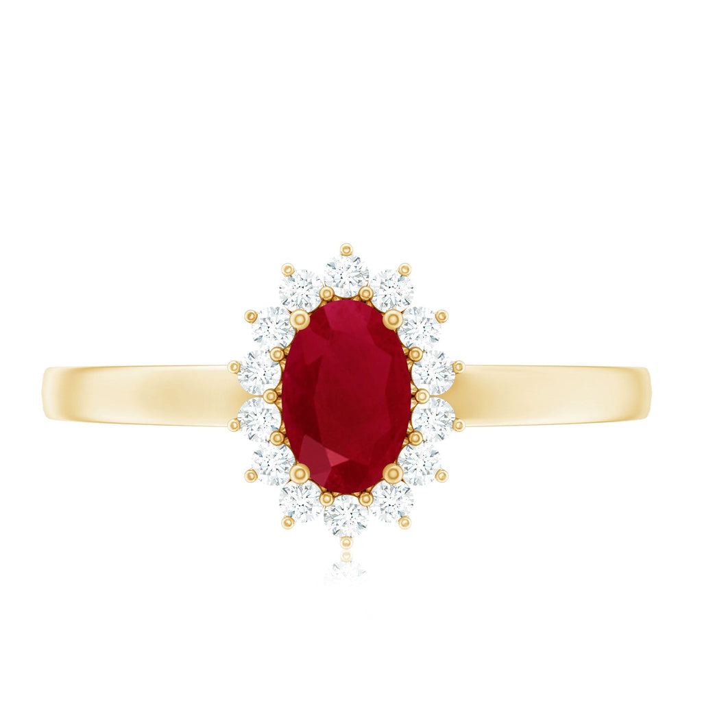 Ruby Engagement Ring – 0.6 Carat Oval Ruby with Diamond Halo in Prong Setting