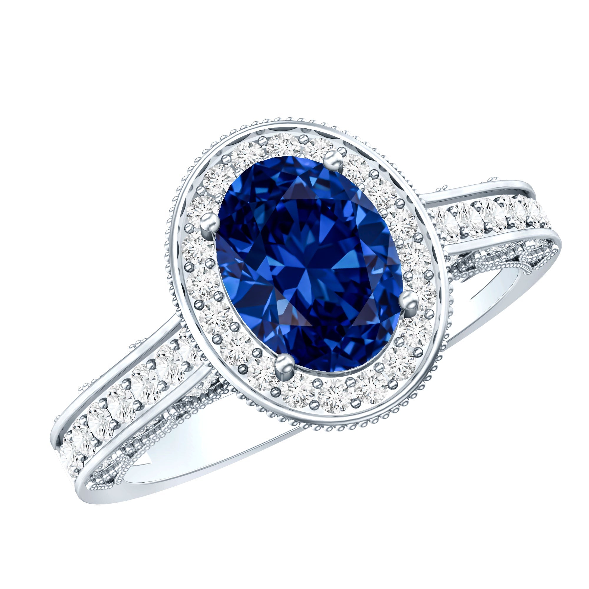 Certified 1.5 Carat Lab Grown Blue Sapphire Engagement Ring with Diamond Halo