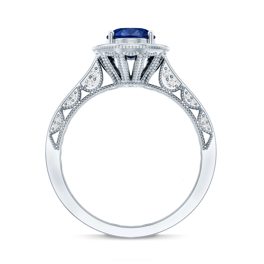 Certified 1.5 Carat Lab Grown Blue Sapphire Engagement Ring with Diamond Halo