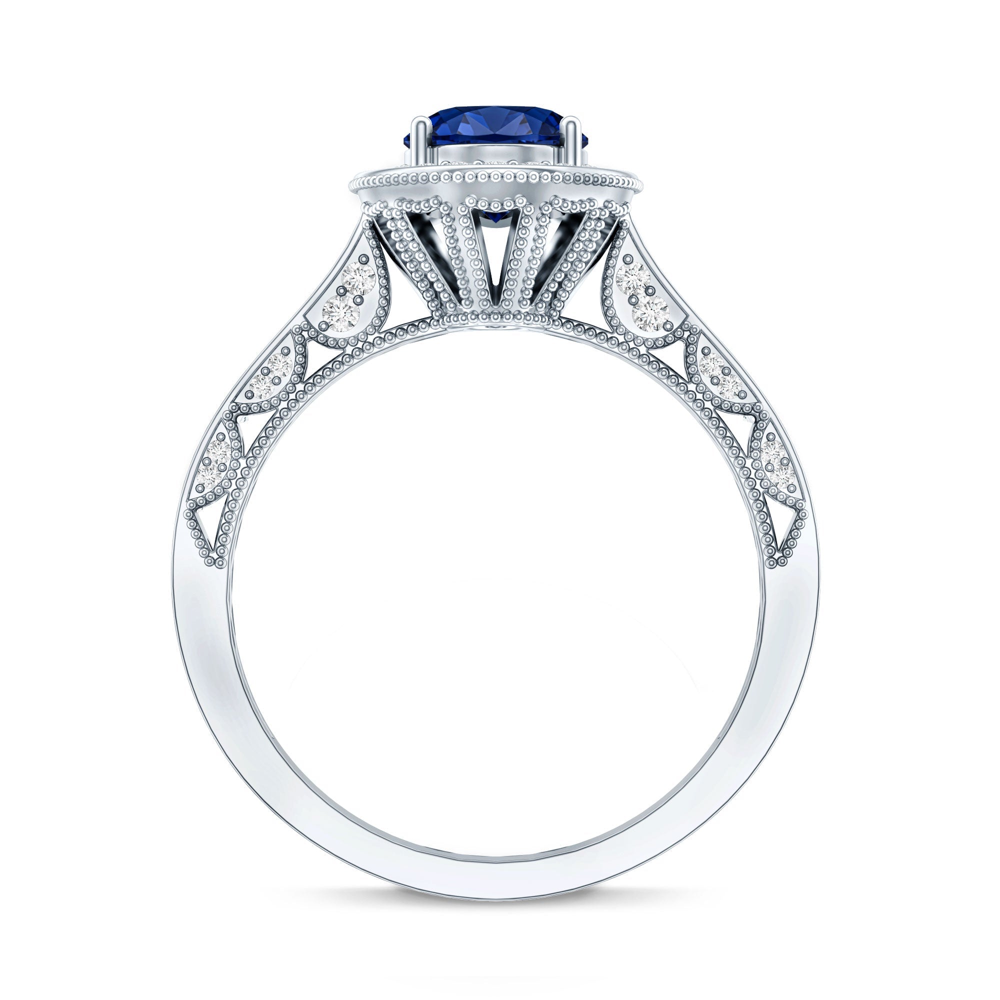 Certified 1.5 Carat Lab Grown Blue Sapphire Engagement Ring with Diamond Halo