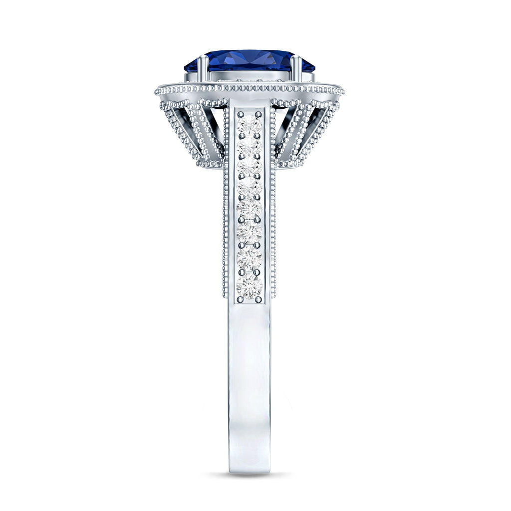 Certified 1.5 Carat Lab Grown Blue Sapphire Engagement Ring with Diamond Halo