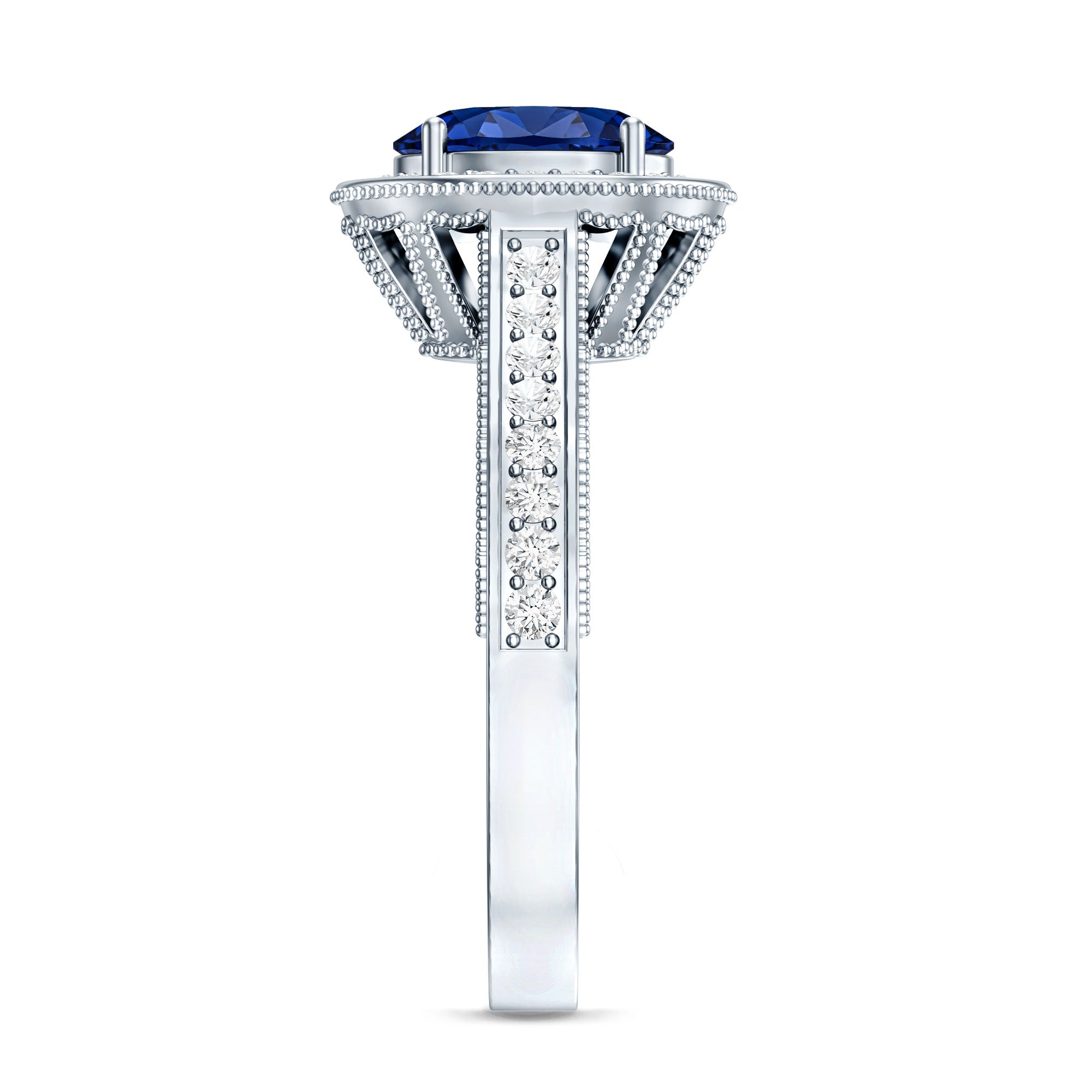 Certified 1.5 Carat Lab Grown Blue Sapphire Engagement Ring with Diamond Halo