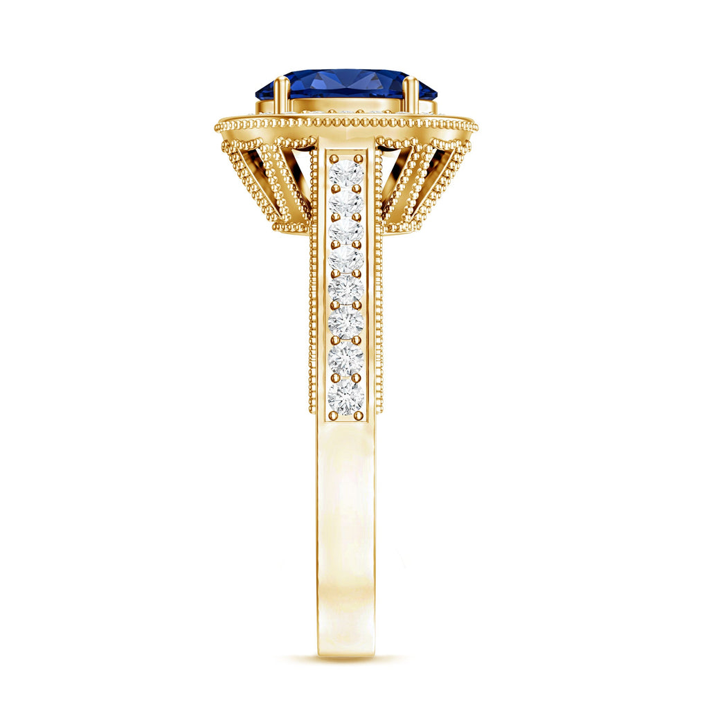Certified 1.5 Carat Lab Grown Blue Sapphire Engagement Ring with Diamond Halo