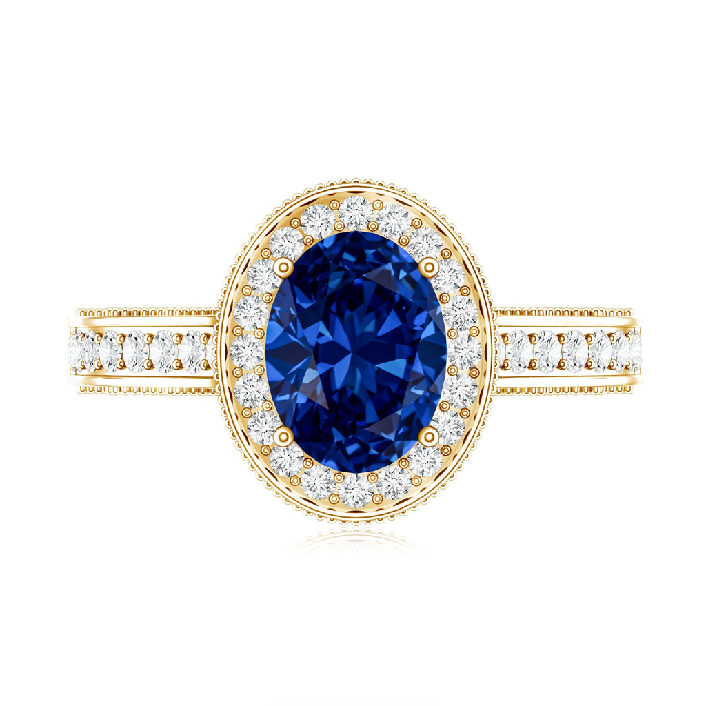 Certified 1.5 Carat Lab Grown Blue Sapphire Engagement Ring with Diamond Halo