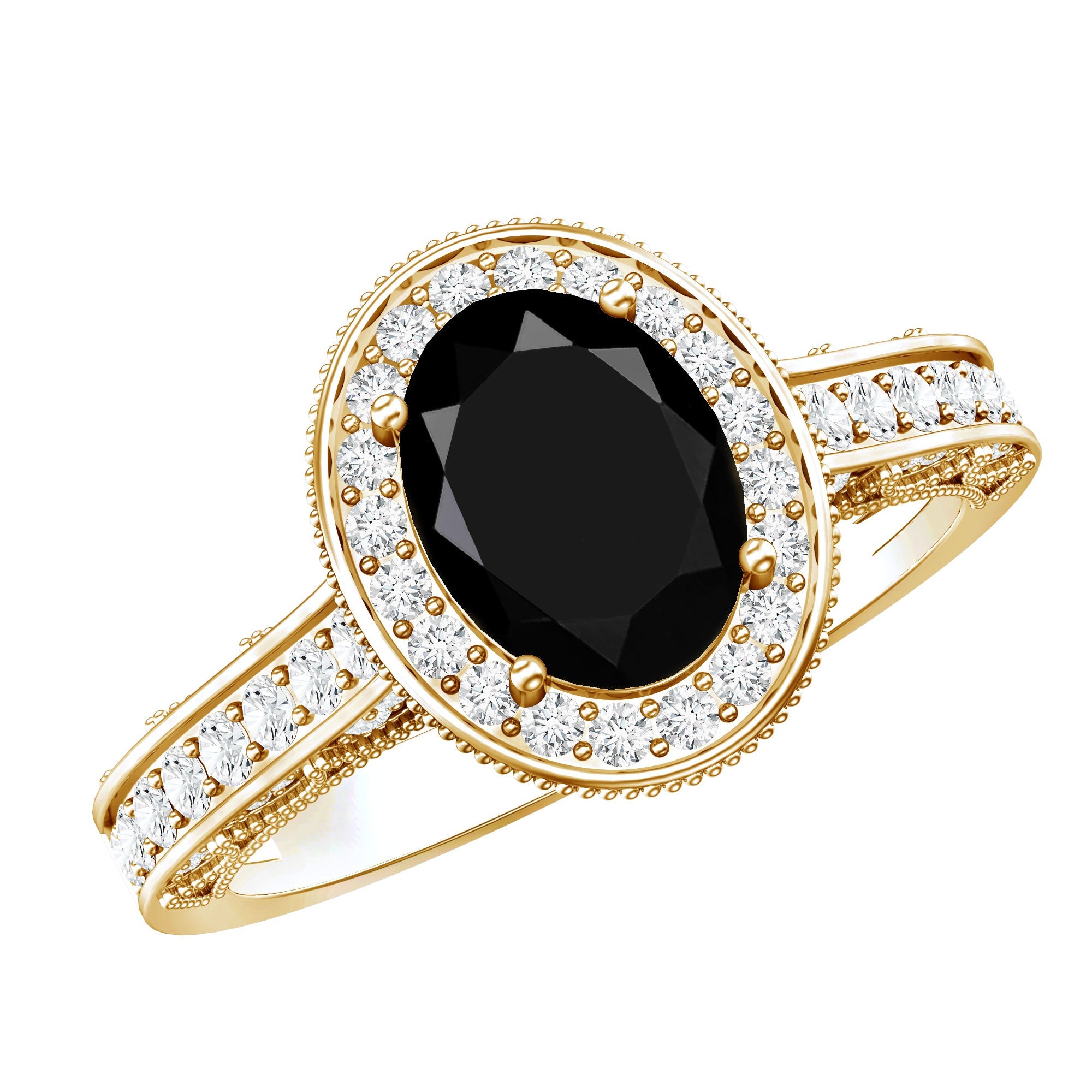 Vintage Inspired Black Onyx Oval Engagement Ring with Diamond Halo