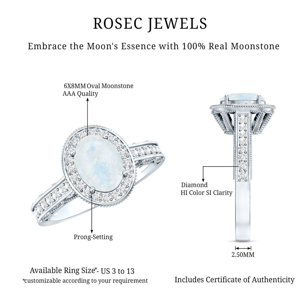 1.50 CT Moonstone and Diamond Engagement Ring with Milgrain Details