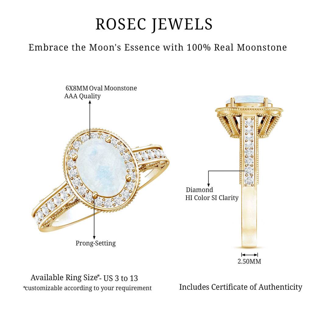 1.50 CT Moonstone and Diamond Engagement Ring with Milgrain Details