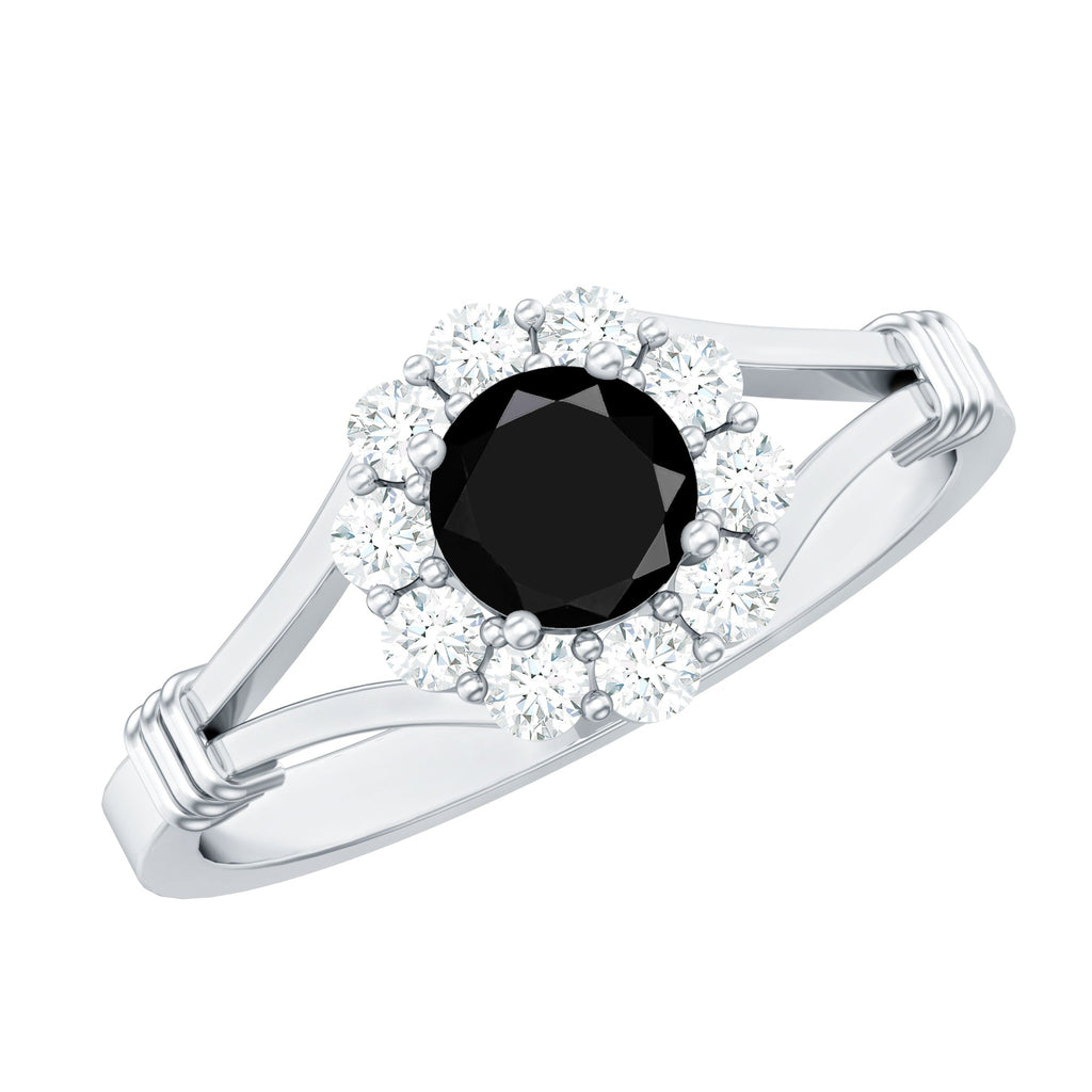 0.4 Carat Black Onyx Floral Engagement Ring with Diamond Halo