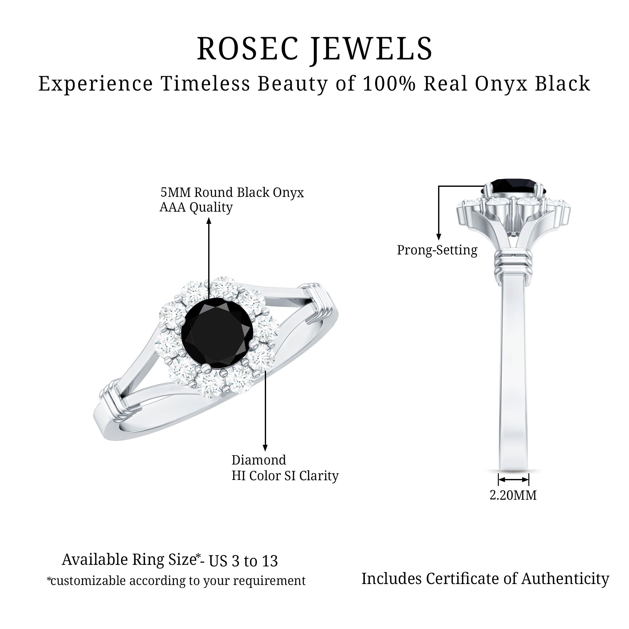 0.4 Carat Black Onyx Floral Engagement Ring with Diamond Halo