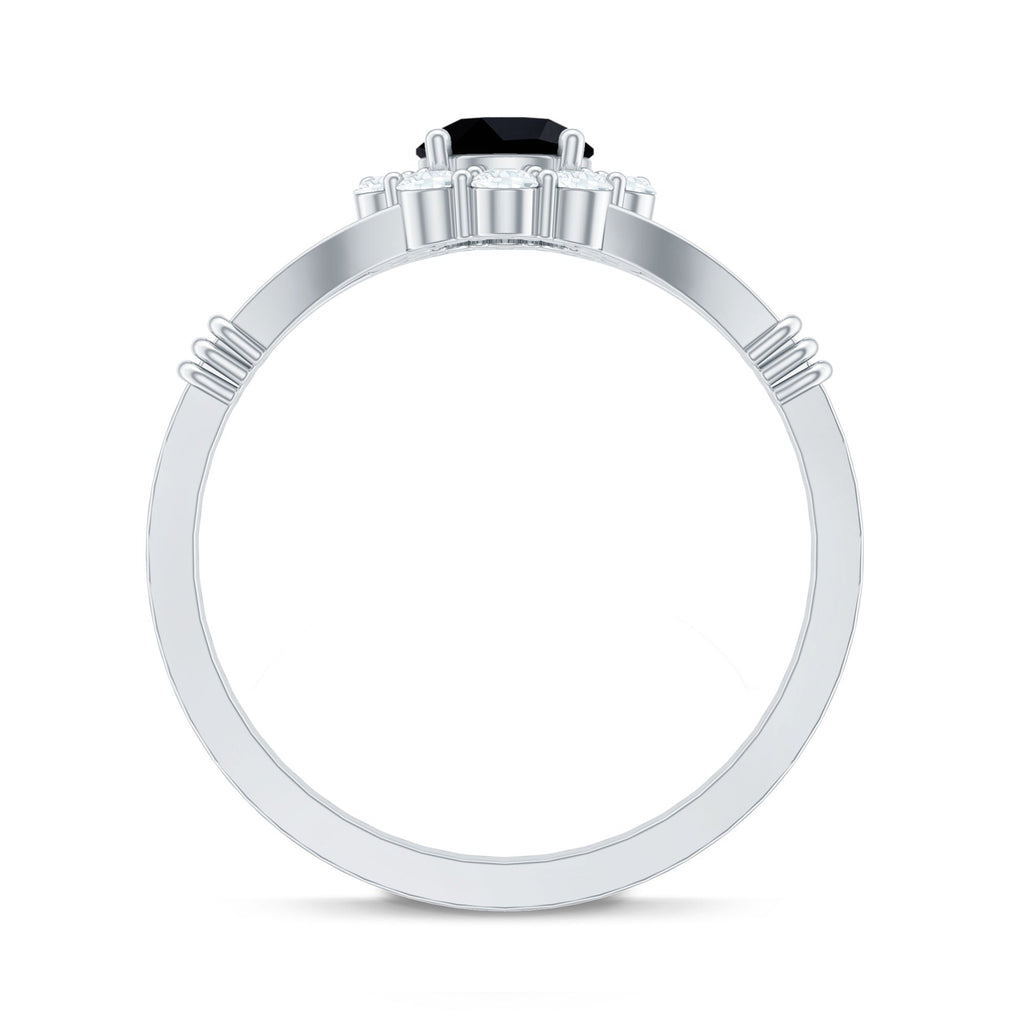 0.4 Carat Black Onyx Floral Engagement Ring with Diamond Halo