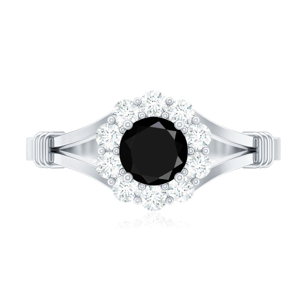 0.4 Carat Black Onyx Floral Engagement Ring with Diamond Halo