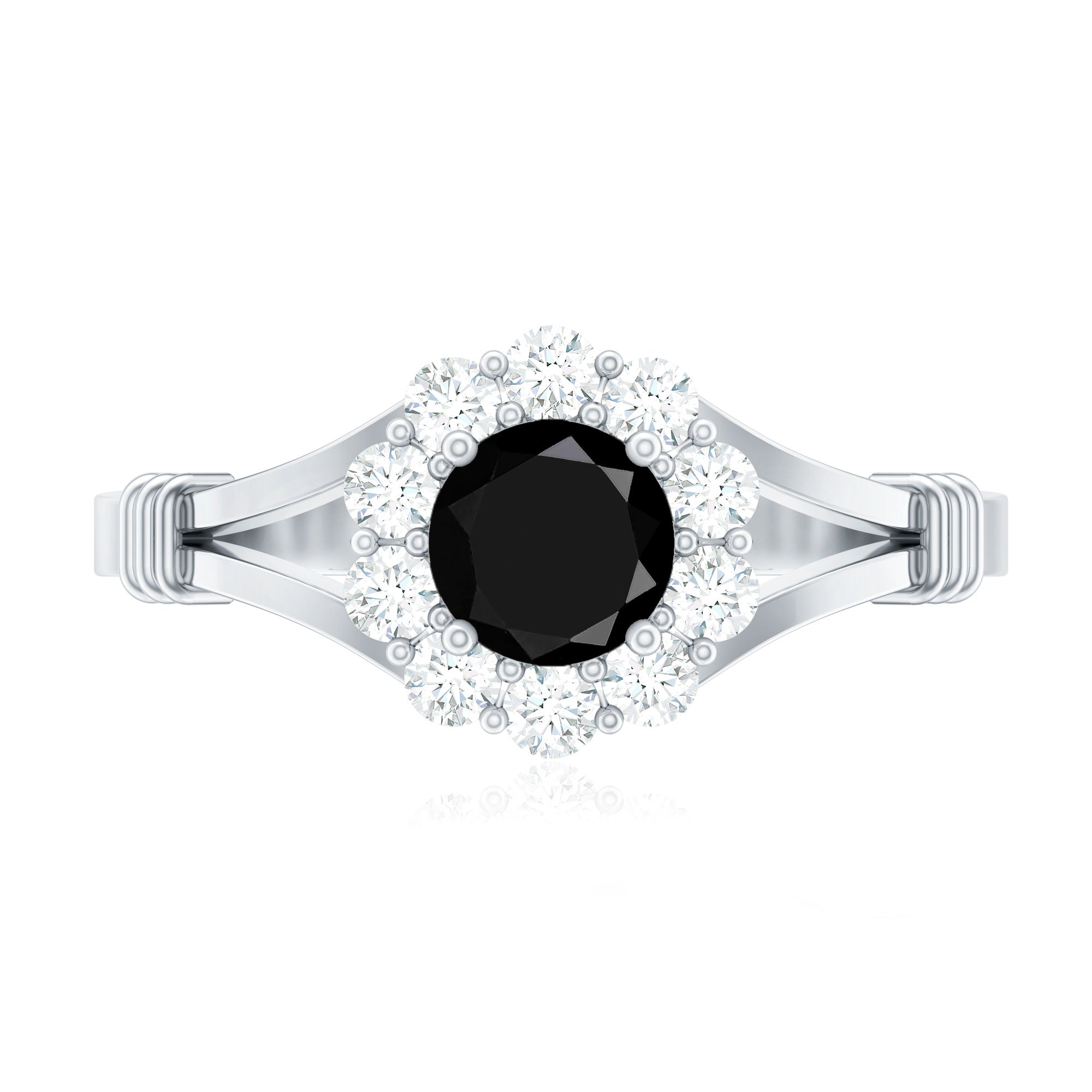 0.4 Carat Black Onyx Floral Engagement Ring with Diamond Halo