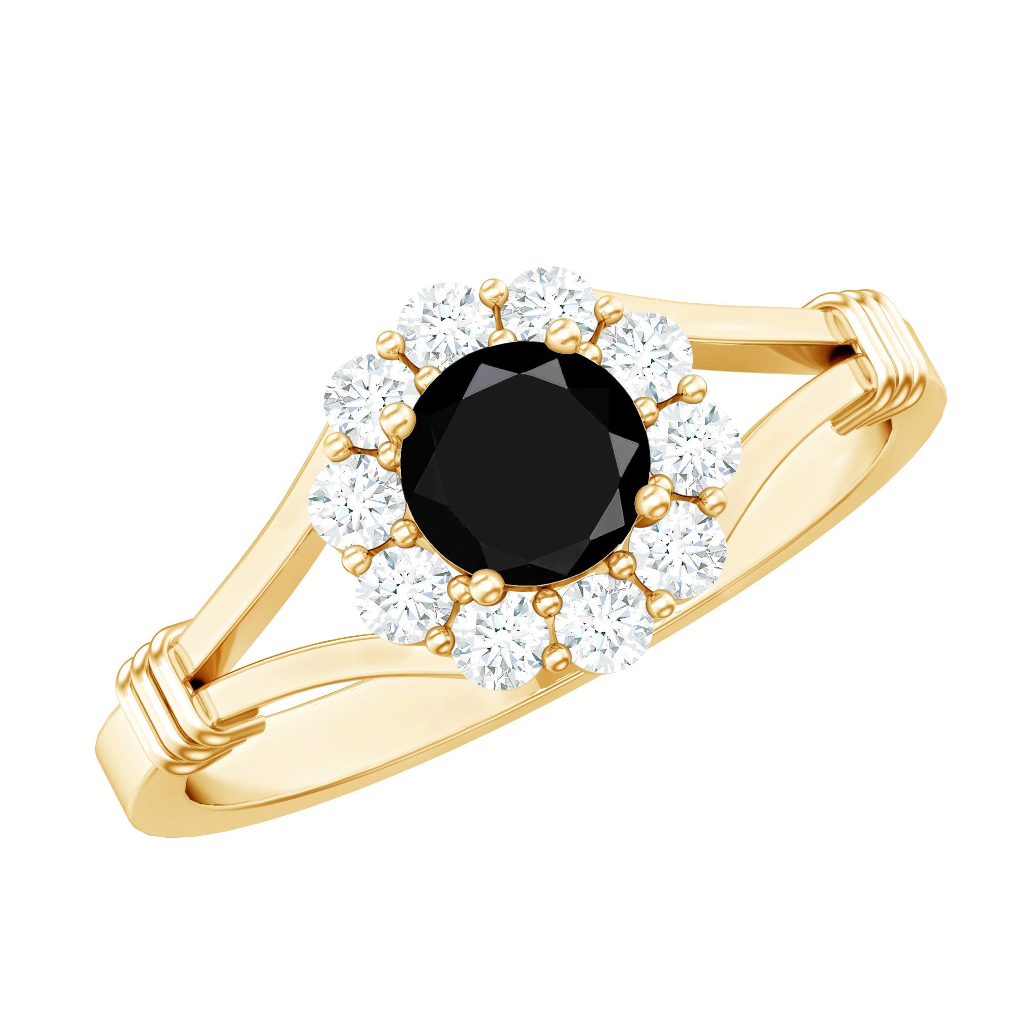 0.4 Carat Black Onyx Floral Engagement Ring with Diamond Halo
