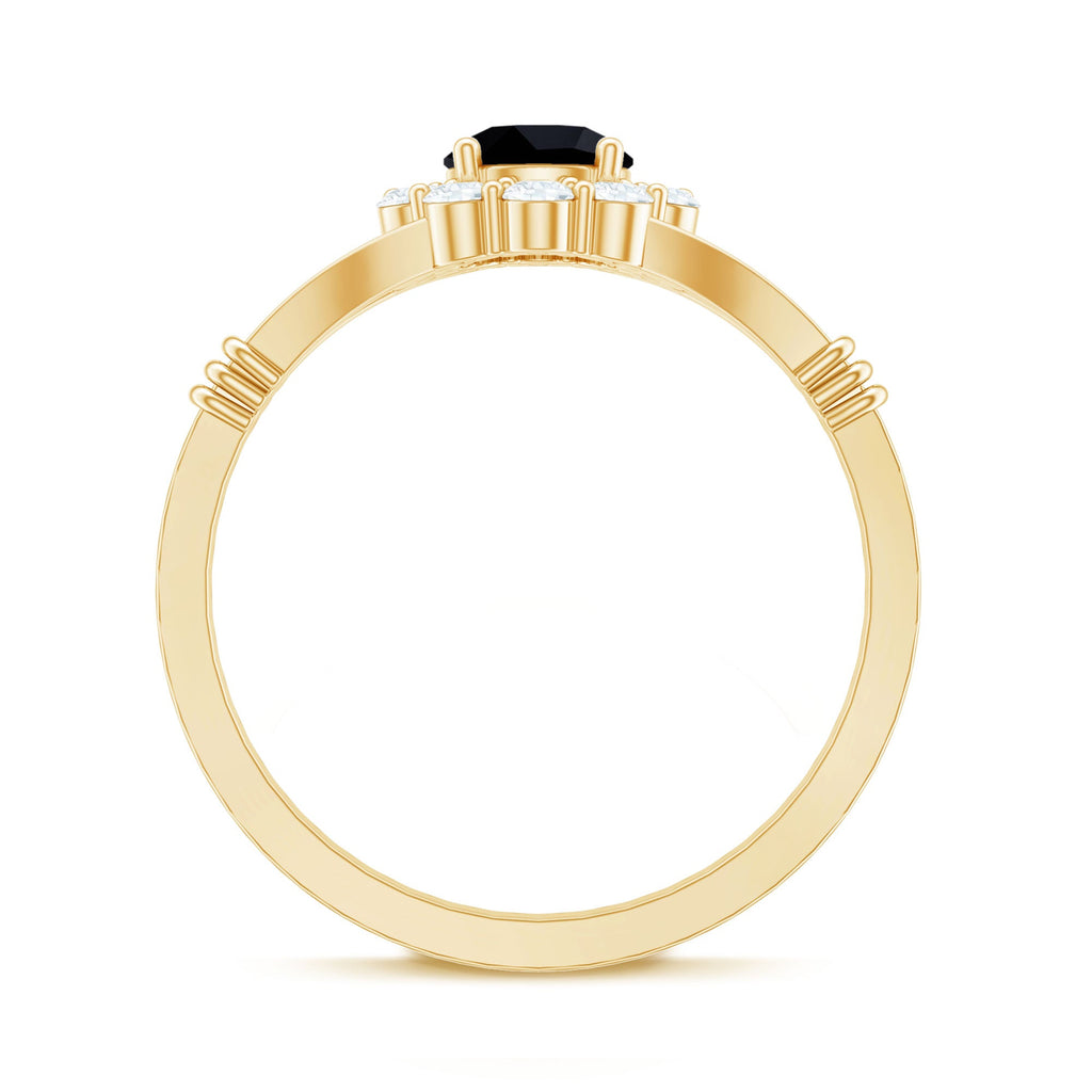 0.4 Carat Black Onyx Floral Engagement Ring with Diamond Halo