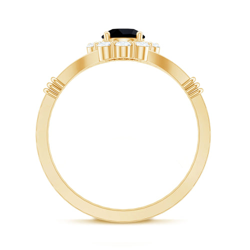 0.4 Carat Black Onyx Floral Engagement Ring with Diamond Halo