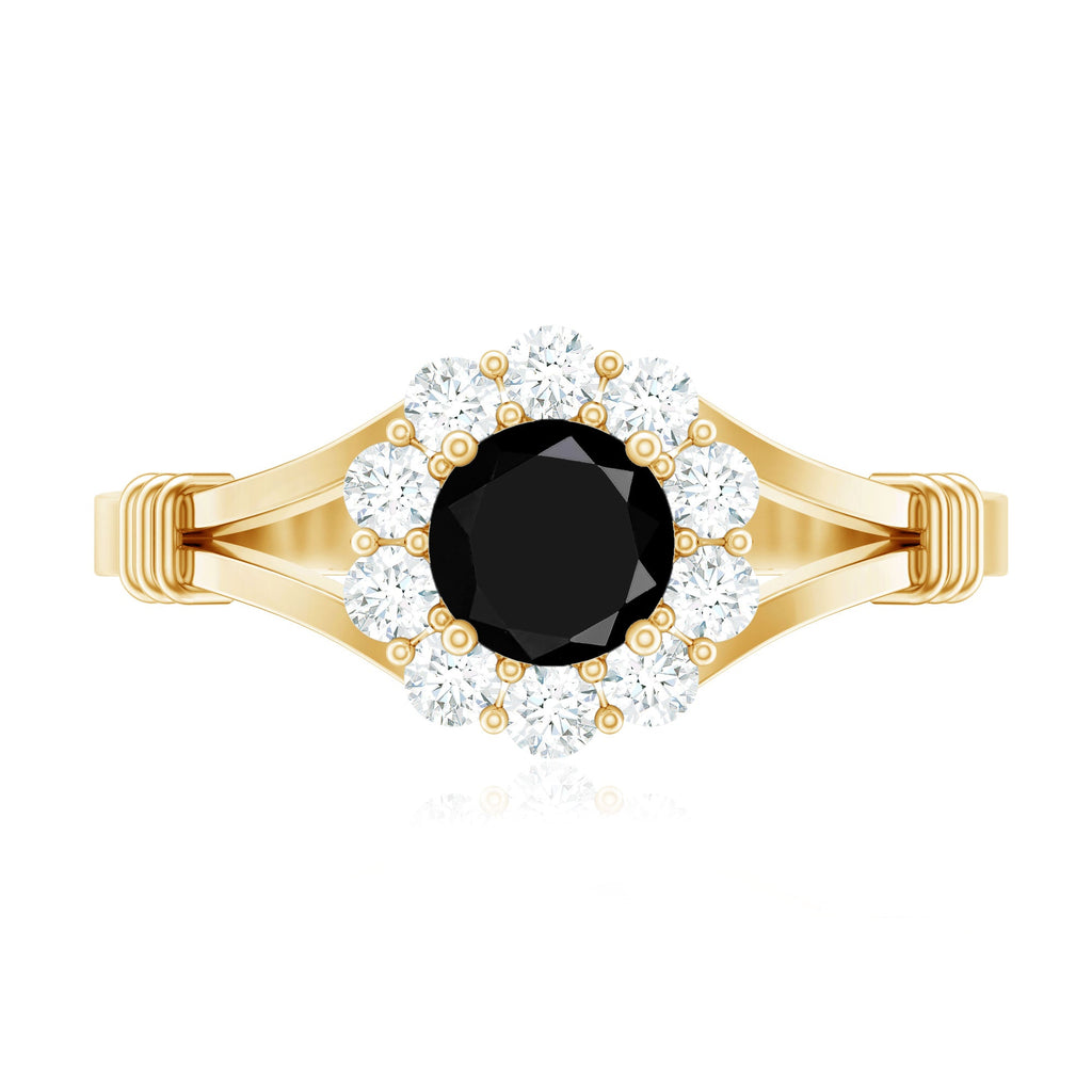 0.4 Carat Black Onyx Floral Engagement Ring with Diamond Halo