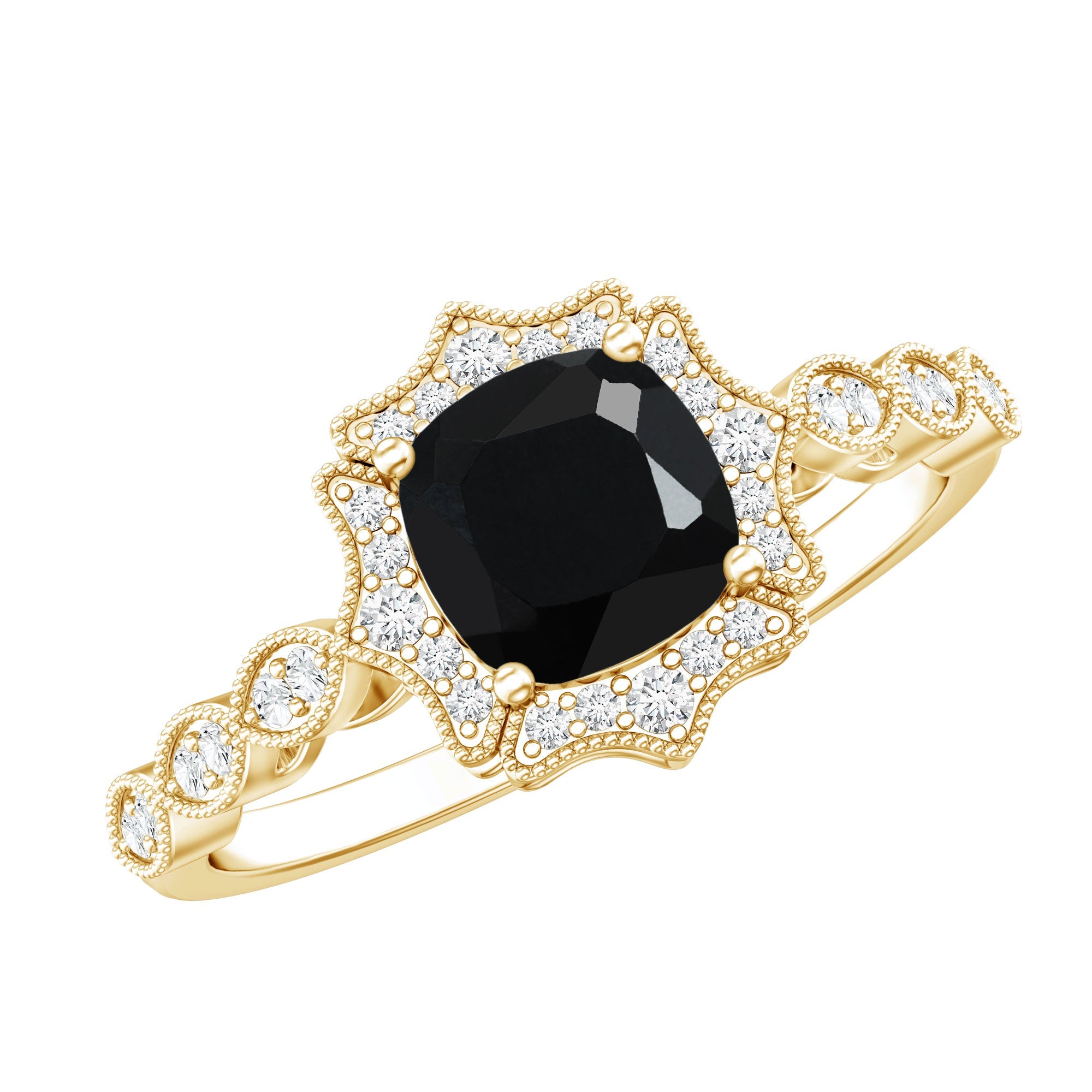 Vintage Inspired Black Onyx and Diamond Halo Engagement Ring