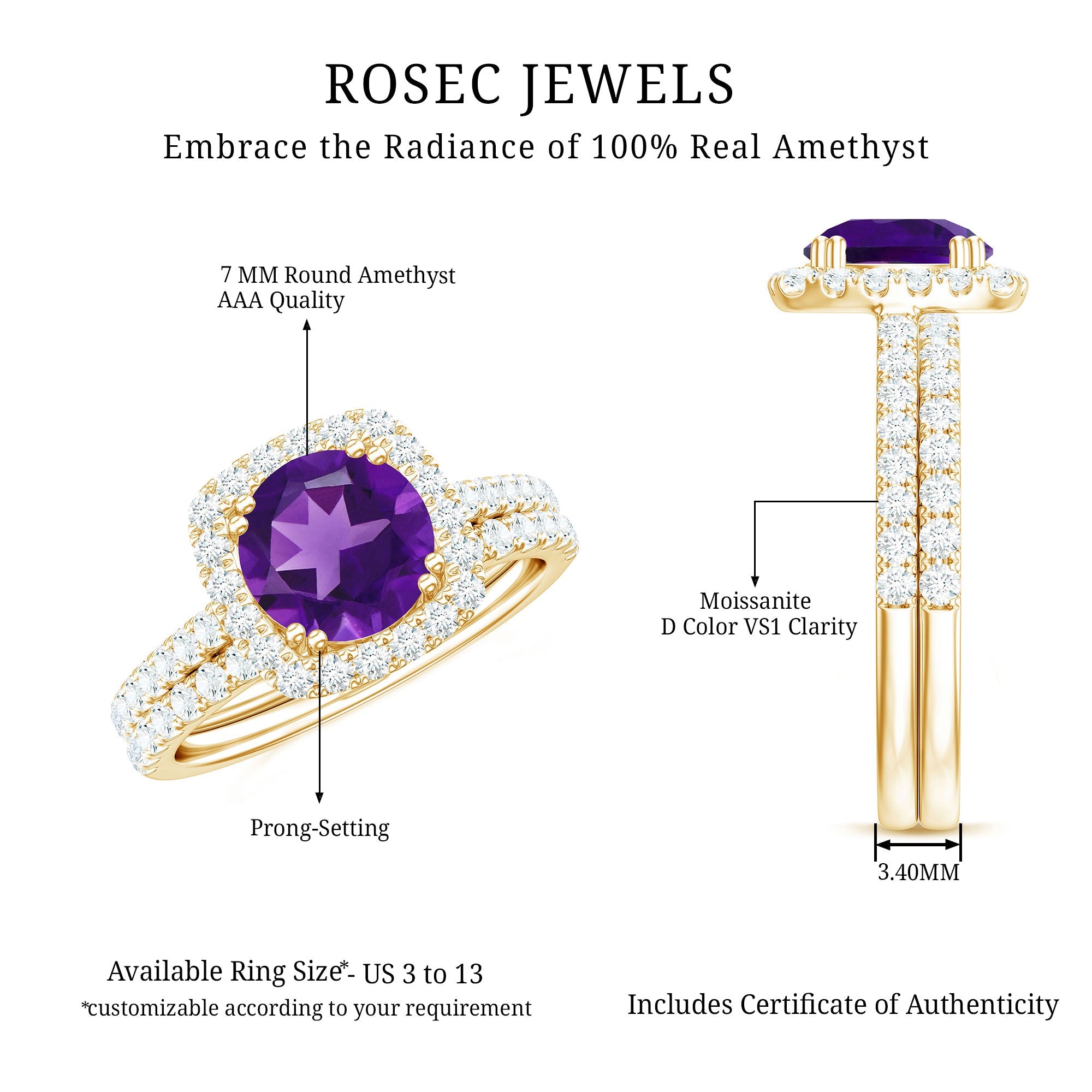 Real 1.2 Carat Amethyst Wedding Engagement Ring Set with Moissanite