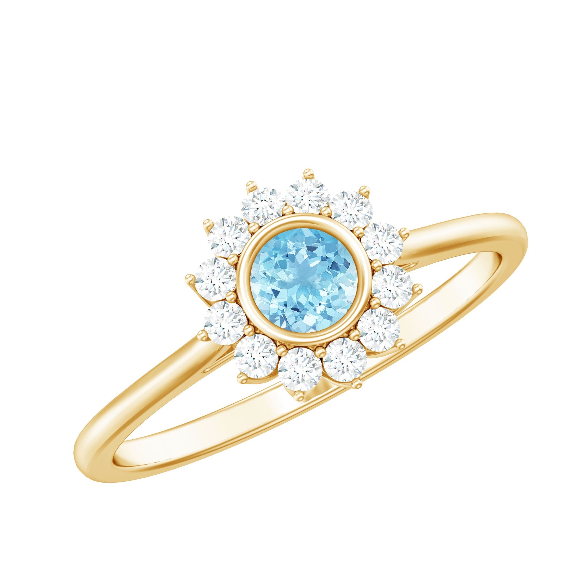 Aquamarine Halo Ring – Elegant Diamond Halo Promise Ring With Slim Band
