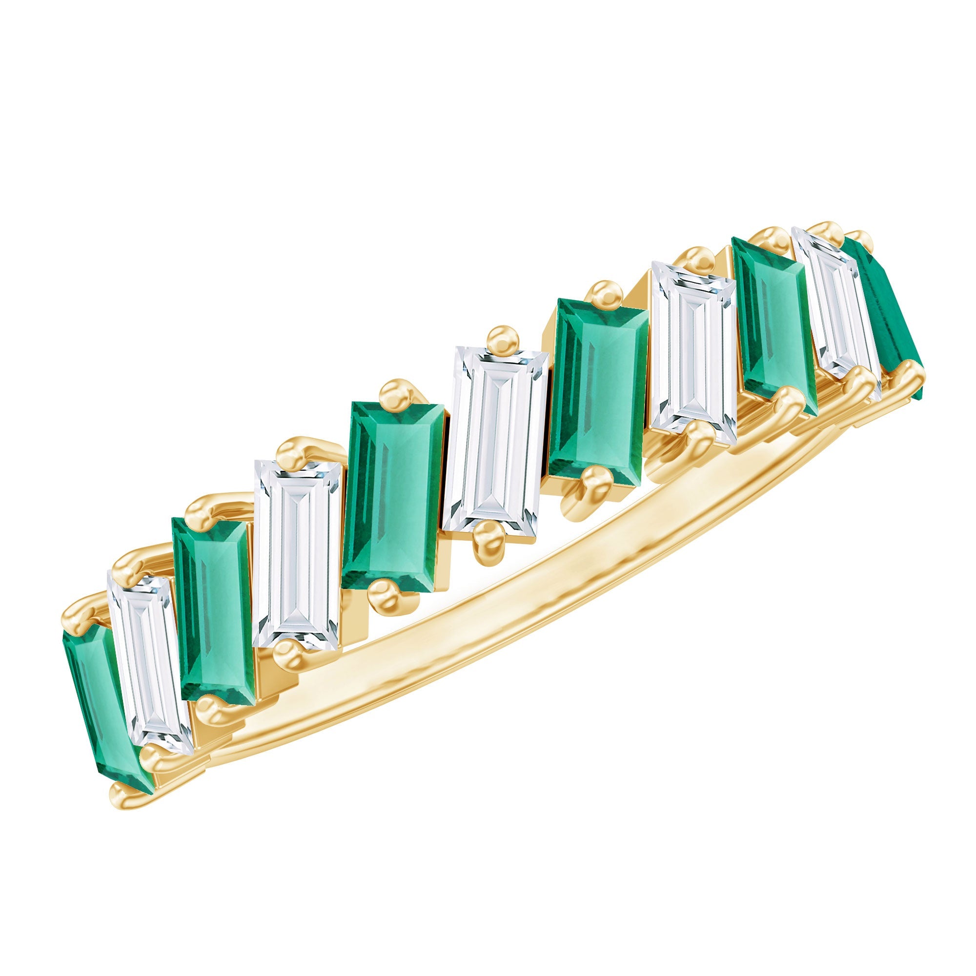 Lab Grown Emerald Ring – Half Eternity Band With Baguette & Moissanite Accent Stones
