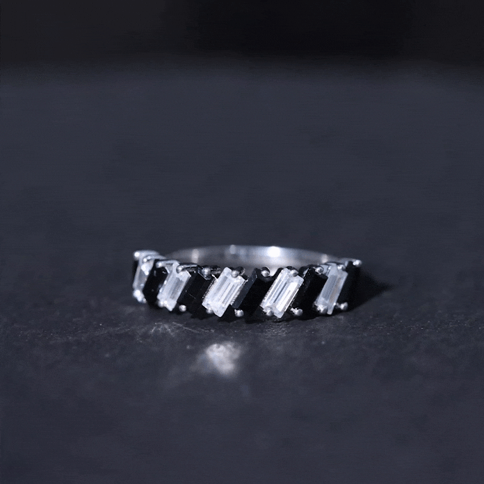 Baguette Cut Black Onyx and Moissanite Tilted Half Eternity Ring