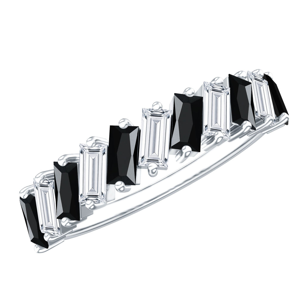 Baguette Cut Black Onyx and Moissanite Tilted Half Eternity Ring