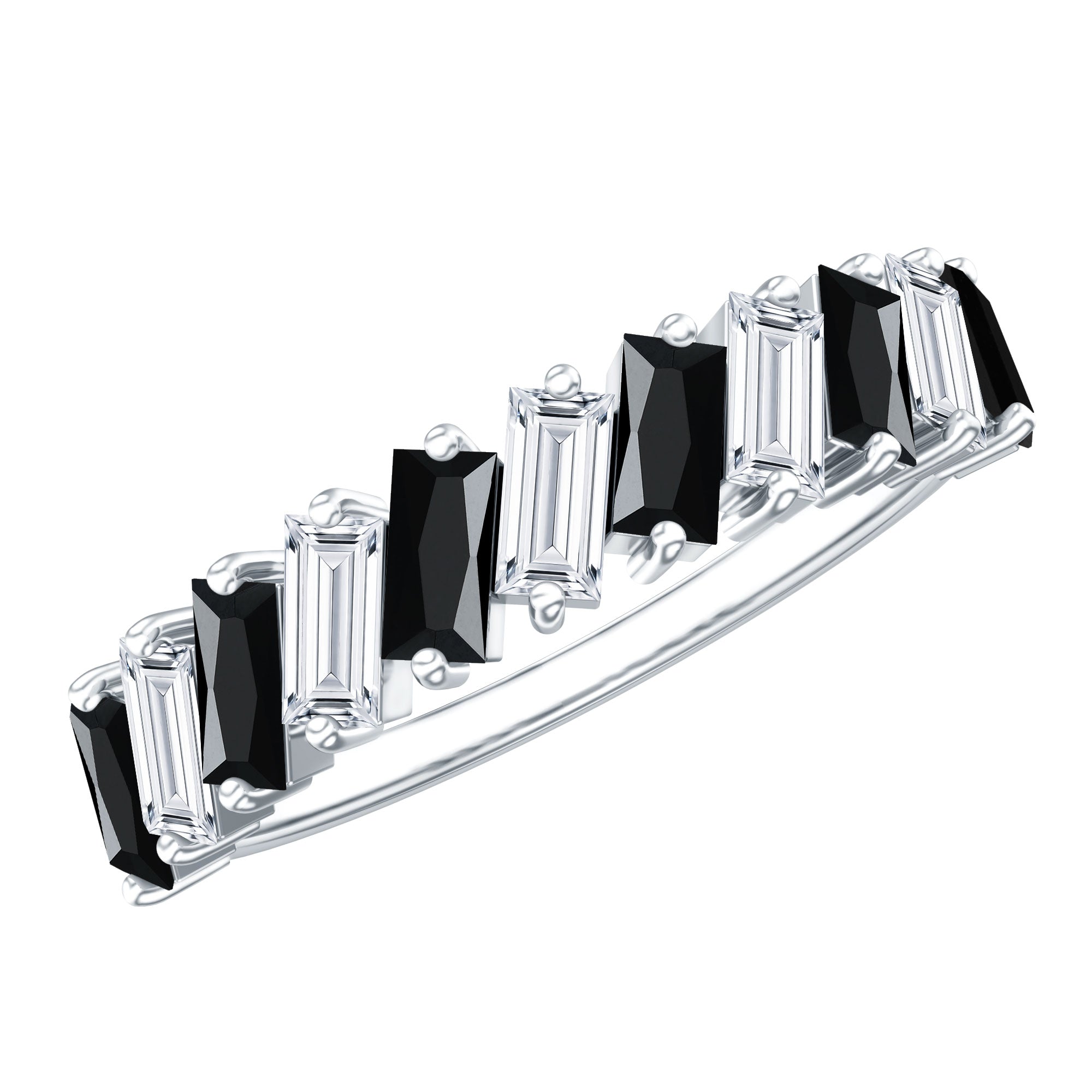 Baguette Cut Black Onyx and Moissanite Tilted Half Eternity Ring