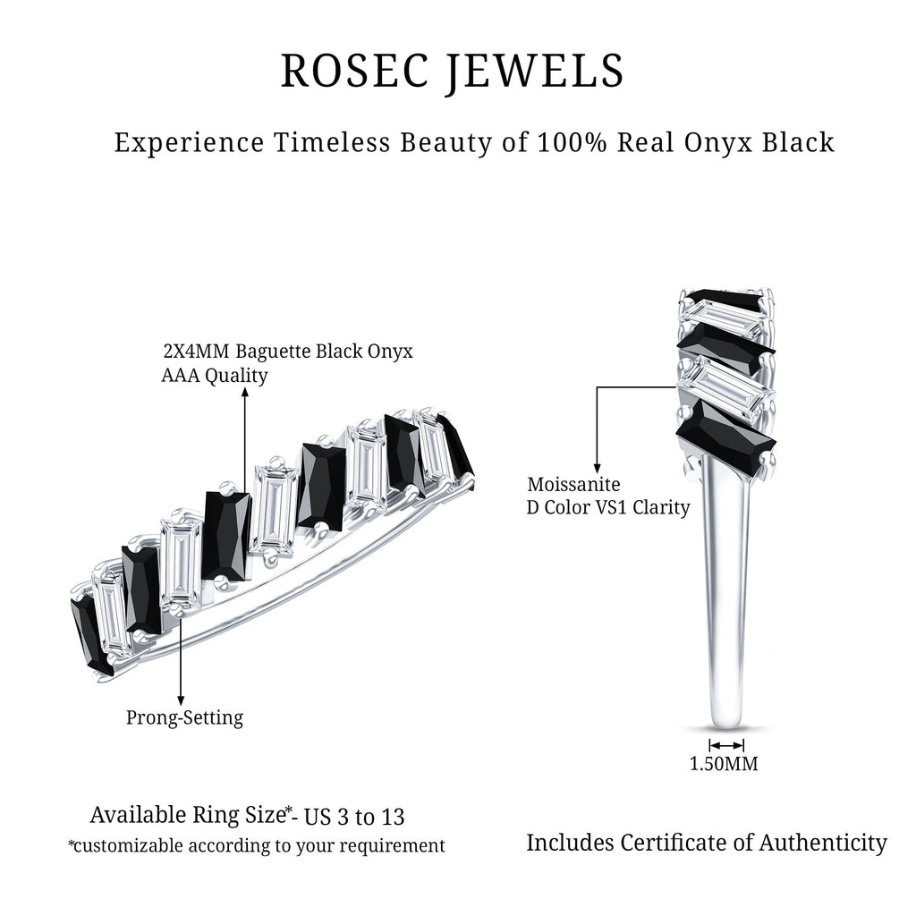 Baguette Cut Black Onyx and Moissanite Tilted Half Eternity Ring