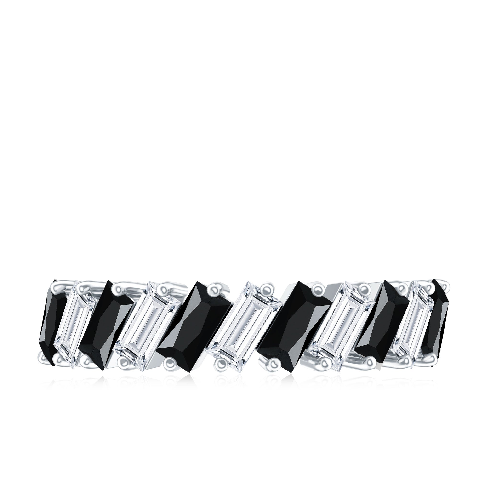 Baguette Cut Black Onyx and Moissanite Tilted Half Eternity Ring