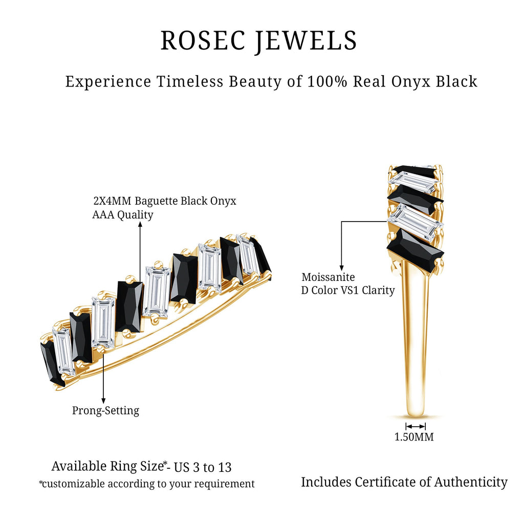 Baguette Cut Black Onyx and Moissanite Tilted Half Eternity Ring