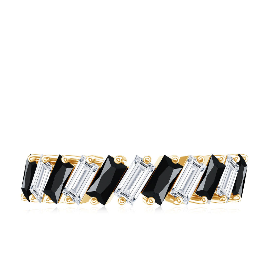 Baguette Cut Black Onyx and Moissanite Tilted Half Eternity Ring