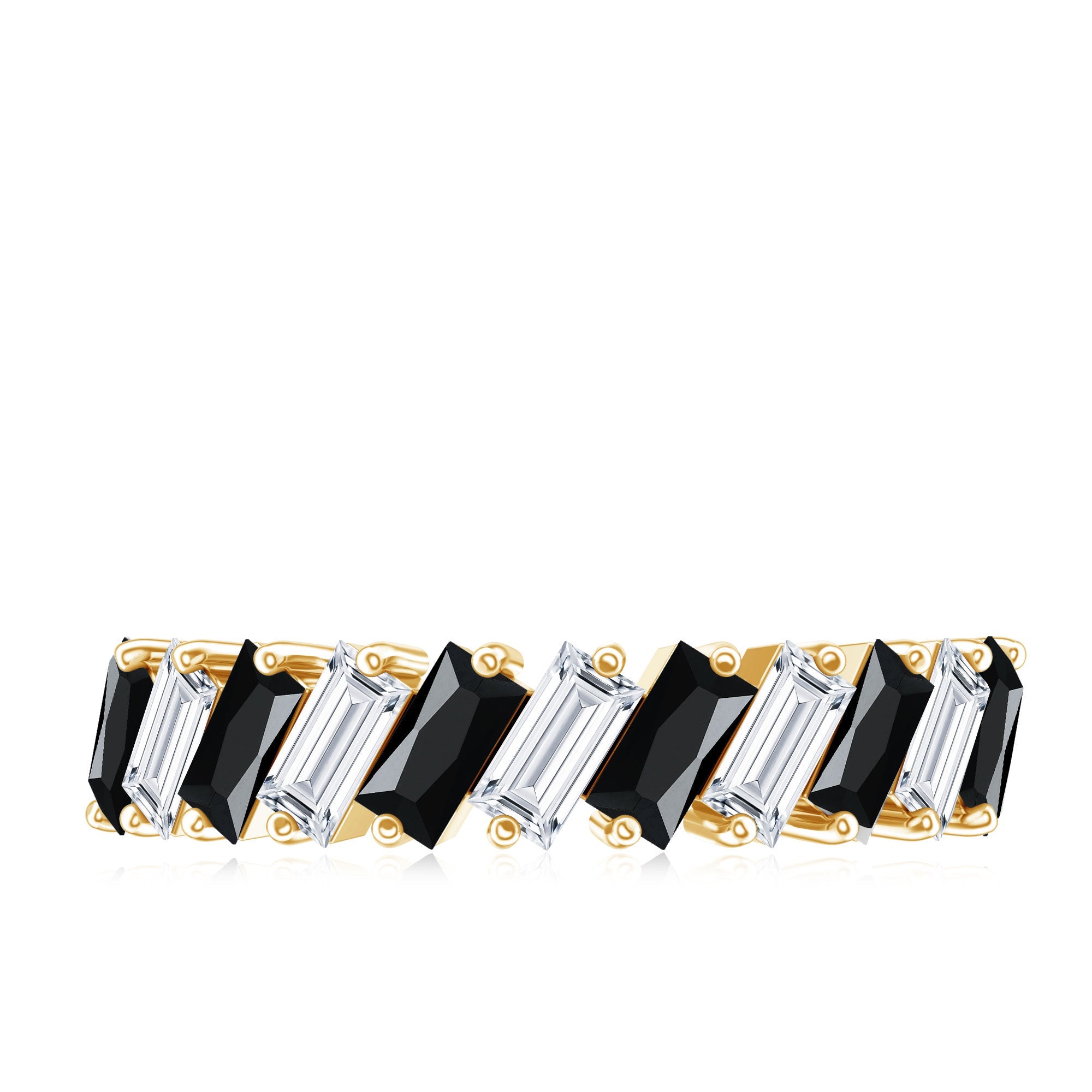 Baguette Cut Black Onyx and Moissanite Tilted Half Eternity Ring